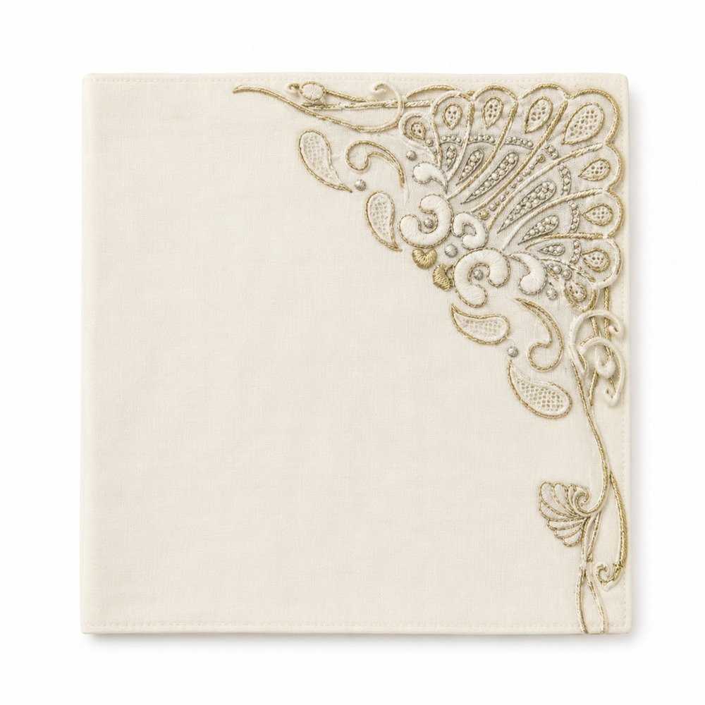 KIM SEYBERT WHITE GOLD EMBROIDERED 100% LINEN NAPKIN 15" SQUARE HANDSTITCHED RAR